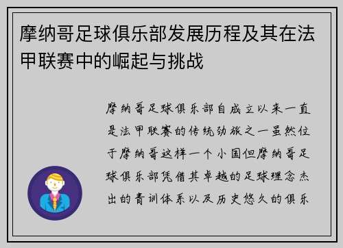 摩纳哥足球俱乐部发展历程及其在法甲联赛中的崛起与挑战