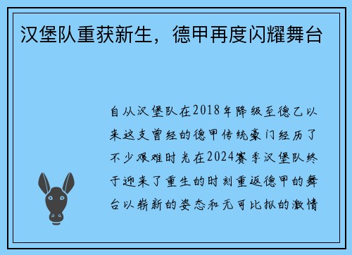 汉堡队重获新生，德甲再度闪耀舞台