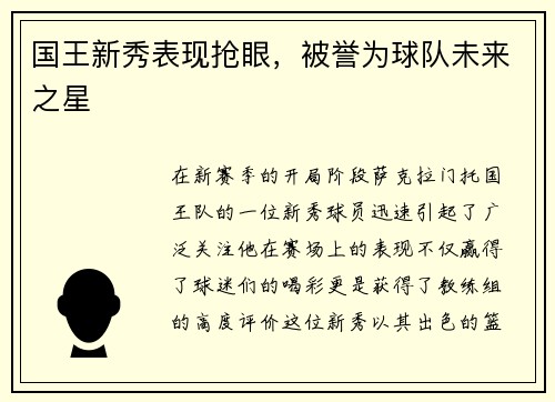 国王新秀表现抢眼，被誉为球队未来之星